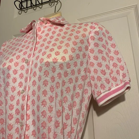 Vintage 1970s Shirt Dress Size Large Pink Fish Pattern Mid Calf Tie Waist - Picture 5 of 8
